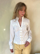 Load image into Gallery viewer, Vintage Jones New York White Seersucker Blouse Gold Button Military