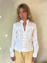 Load image into Gallery viewer, Vintage Jones New York White Seersucker Blouse Gold Button Military