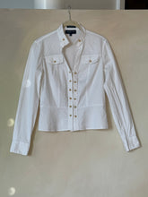 Load image into Gallery viewer, Vintage Jones New York White Seersucker Blouse Gold Button Military